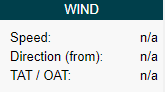 riquadro di tar1090 che mostra informazioni sul vento all'esterno dell'aereo(velocità, direzione e OAT/TAT)