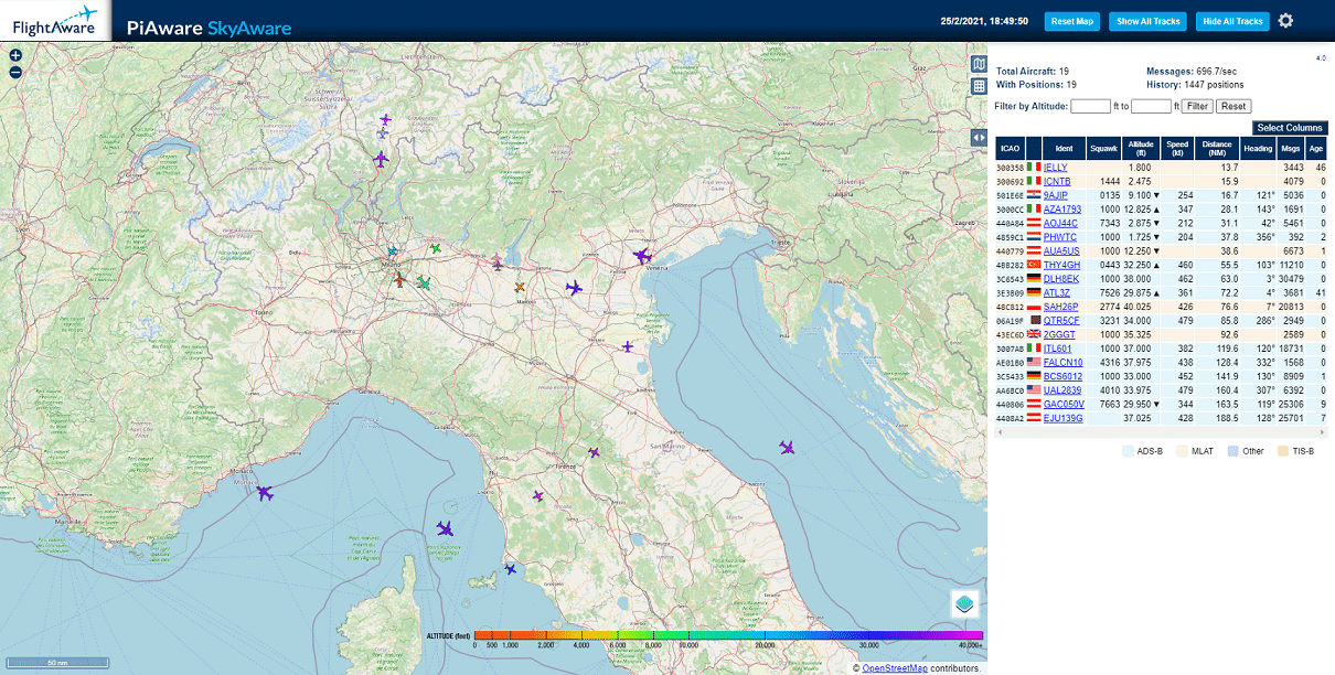 interfaccia web di dump1090-fa (skyaware)