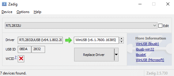 Selezioniamo il dongle dvb da zadig