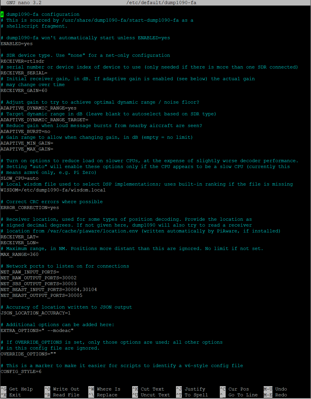 Pagina di configurazione di dump1090-fa (etc/default/dump1090-fa) aggiornato alla versione 6.x o successiva